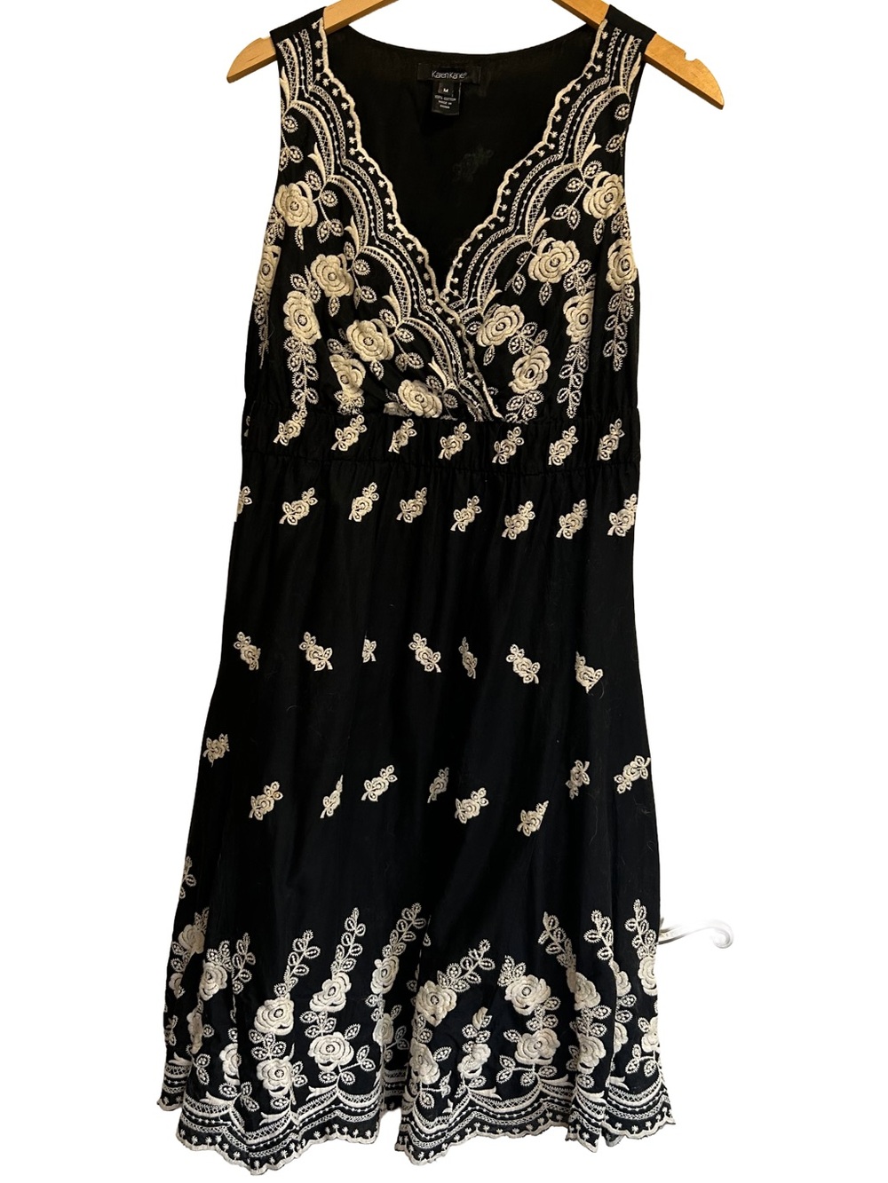 Vintage Karen Kane Black Embroidered Boho Scalloped Midi Dress